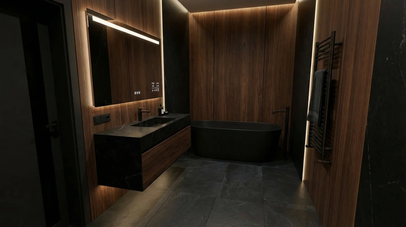 Дизайн ванной в стиле Блэктэк — фото интерьера от нейросети RoomGPT