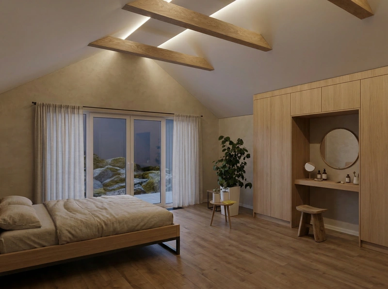 Дизайн спальни в стиле Japandi — фото интерьера от нейросети RoomGPT