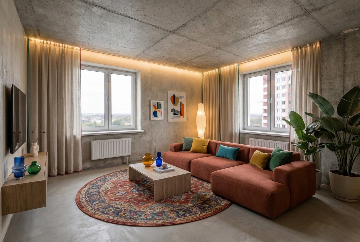 Дизайн гостиной в стиле Лофт — фото интерьера от нейросети RoomGPT