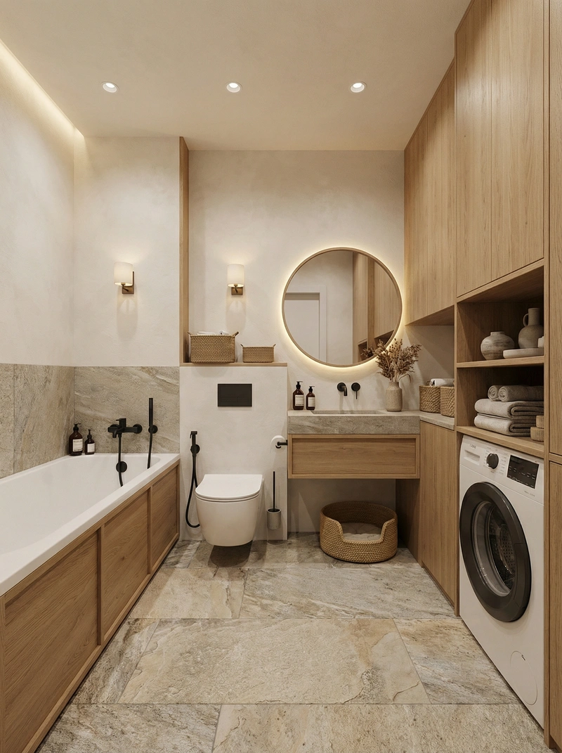 Дизайн ванной в стиле Japandi — фото интерьера от нейросети RoomGPT