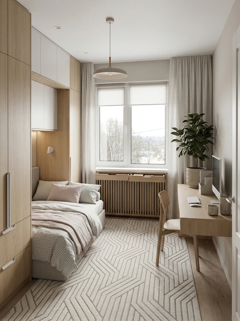 Дизайн спальни в стиле Сканди — фото интерьера от нейросети RoomGPT