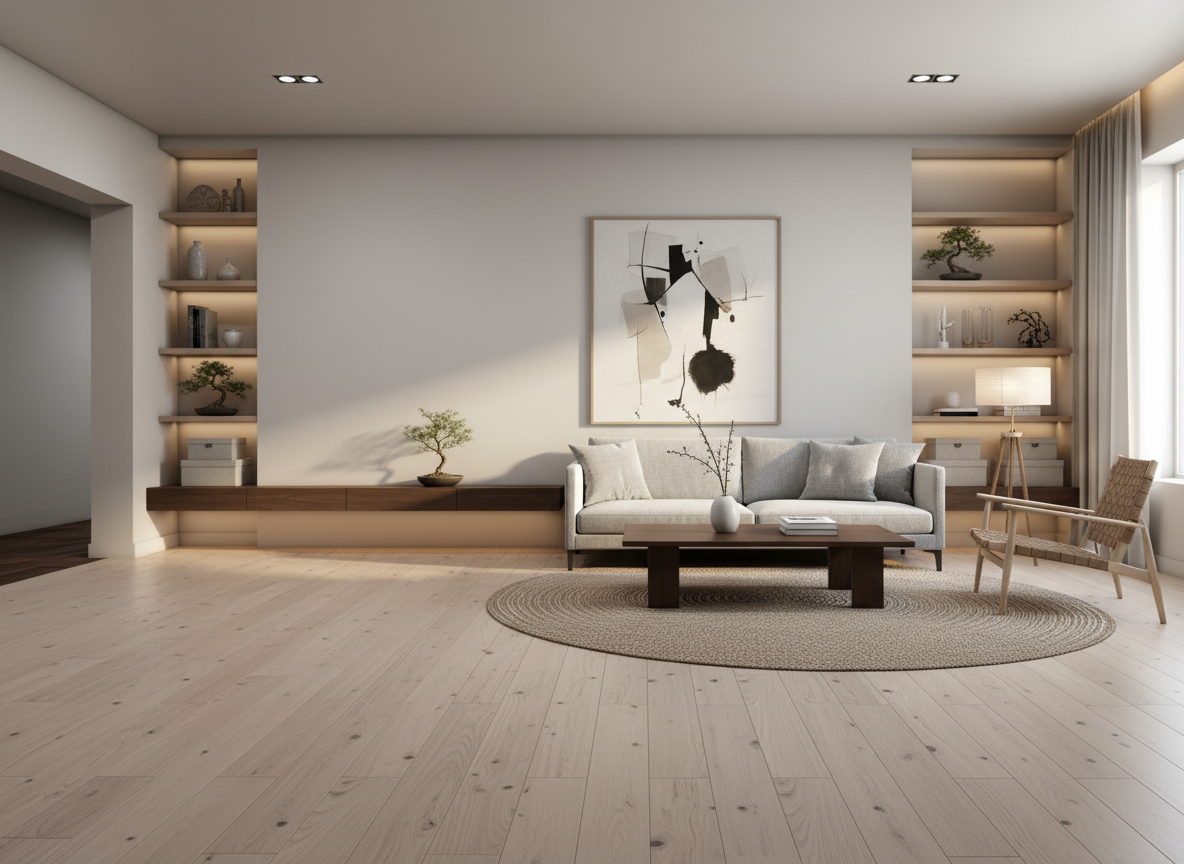 Дизайн гостиной в стиле Japandi — фото интерьера от нейросети RoomGPT