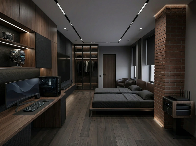Дизайн спальни в стиле Блэктэк — фото интерьера от нейросети RoomGPT
