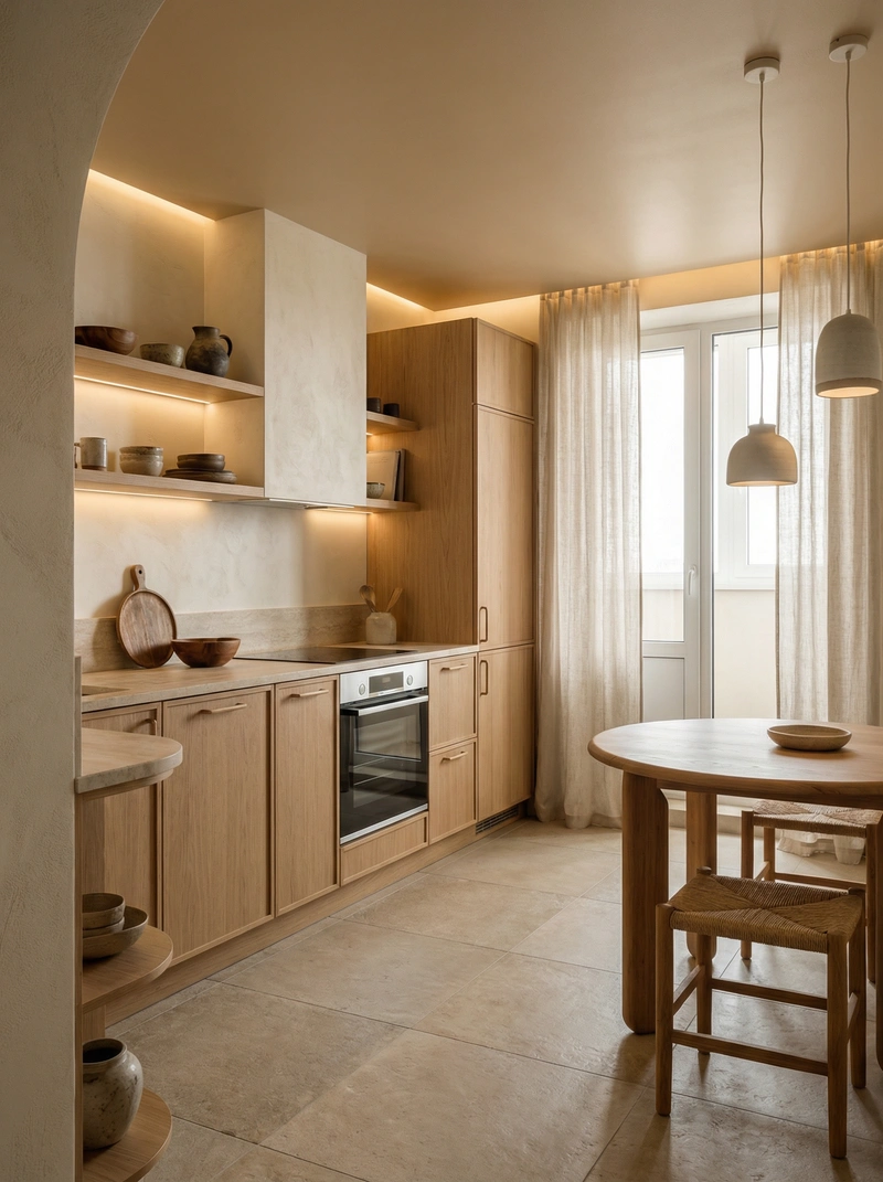 Дизайн кухни в стиле Japandi — фото интерьера от нейросети RoomGPT