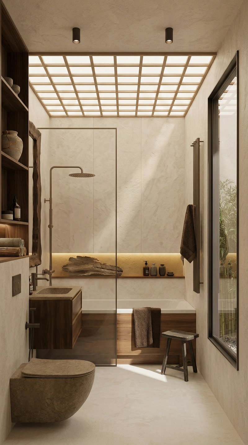 Дизайн ванной в стиле Japandi — фото интерьера от нейросети RoomGPT