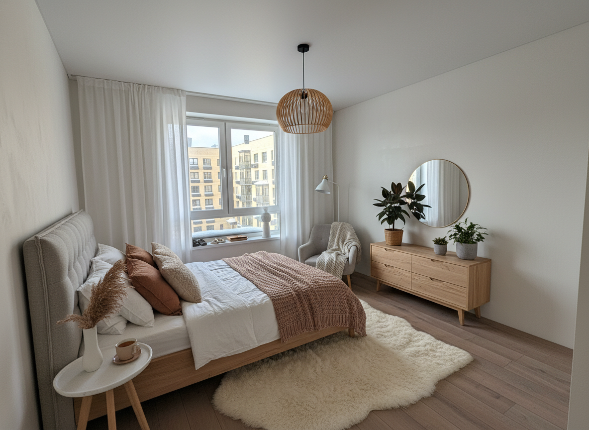 Дизайн спальни в стиле Хюгге — фото интерьера от нейросети RoomGPT