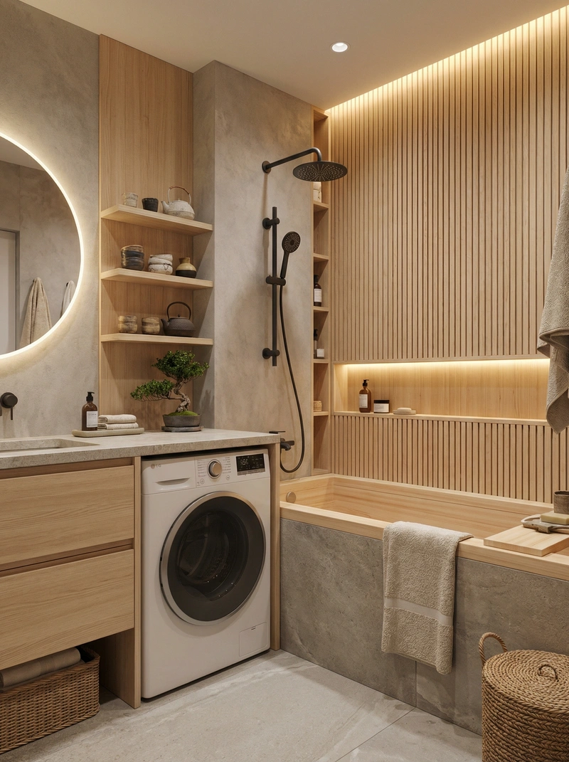 Дизайн ванной в стиле Japandi — фото интерьера от нейросети RoomGPT