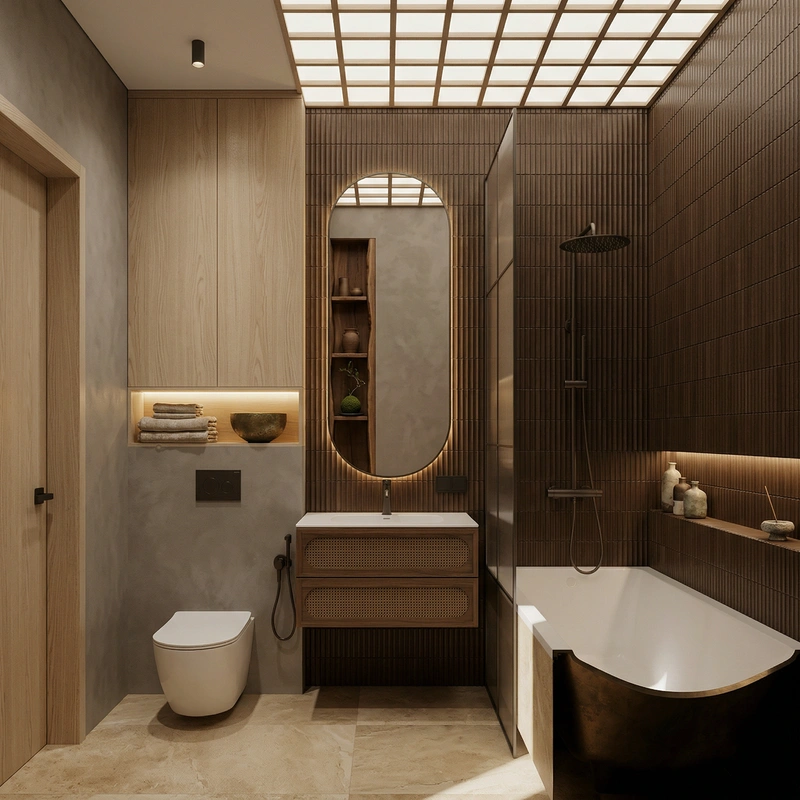 Дизайн ванной в стиле Japandi — фото интерьера от нейросети RoomGPT