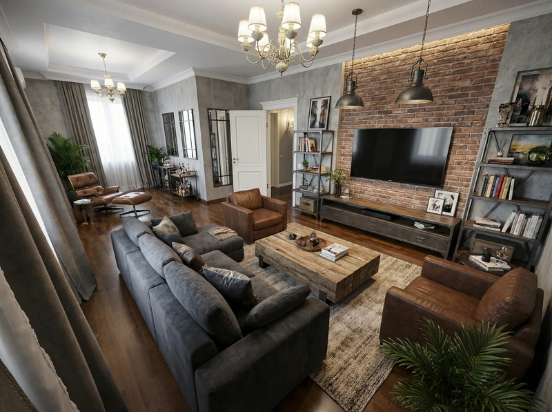Дизайн интерьера в стиле Лофт — Гостиная от нейросети RoomGPT