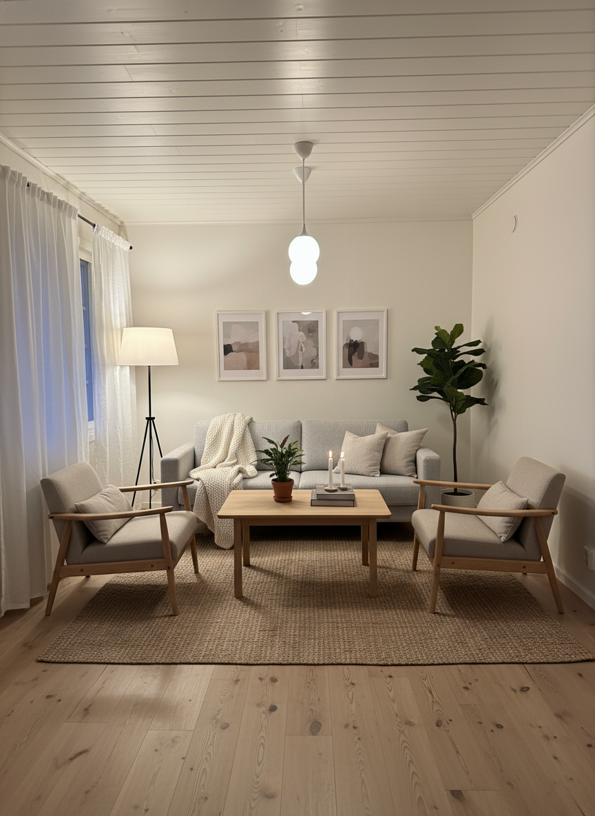 Дизайн гостиной в стиле Хюгге — фото интерьера от нейросети RoomGPT