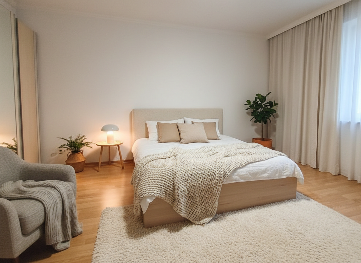 Дизайн спальни в стиле Хюгге — фото интерьера от нейросети RoomGPT