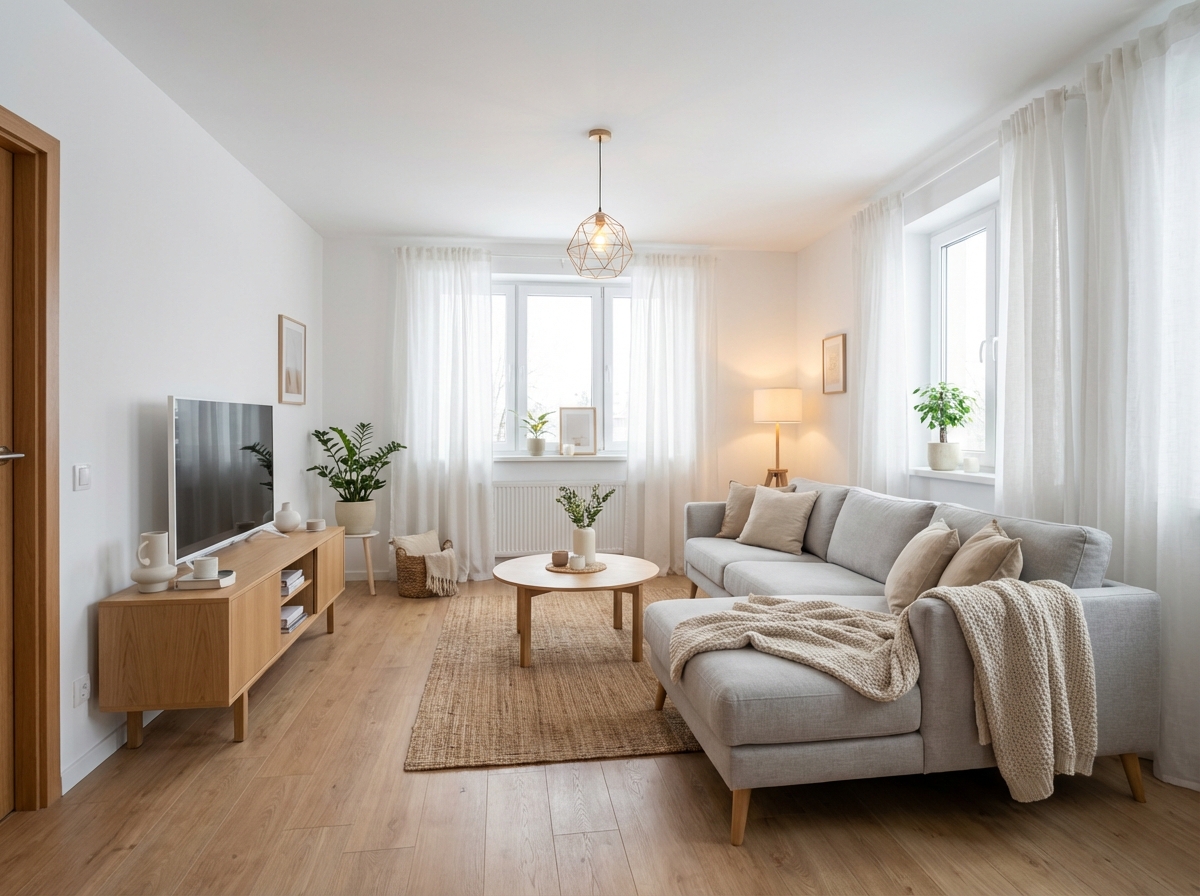 Дизайн гостиной в стиле Хюгге — фото интерьера от нейросети RoomGPT