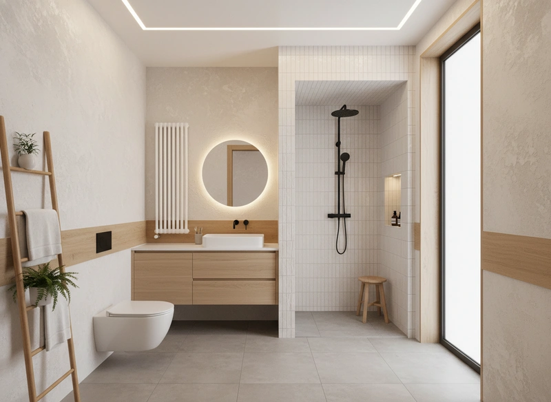 Дизайн ванной в стиле Japandi — фото интерьера от нейросети RoomGPT