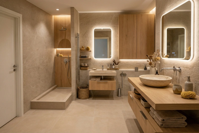 Дизайн ванной в стиле Japandi — фото интерьера от нейросети RoomGPT