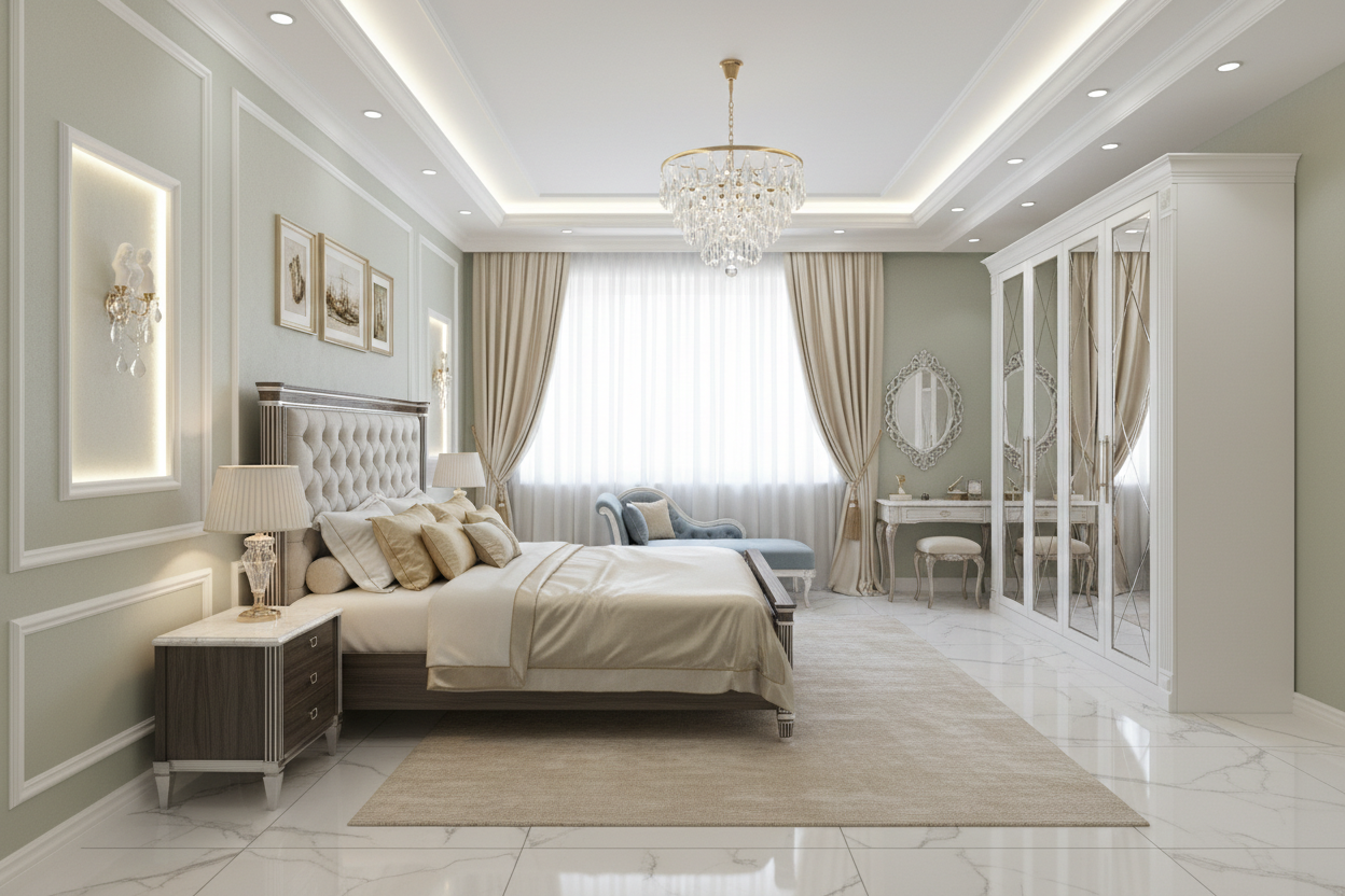 Дизайн спальни в стиле Классика — фото интерьера от нейросети RoomGPT