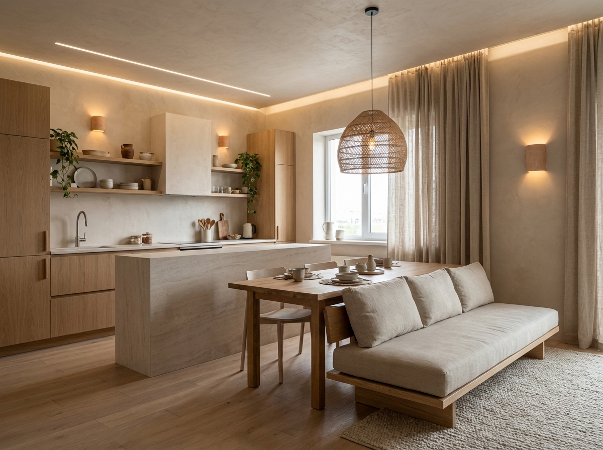 Дизайн кухни в стиле Japandi — фото интерьера от нейросети RoomGPT