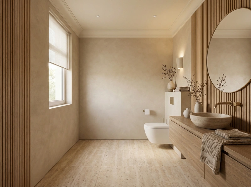 Дизайн ванной в стиле Japandi — фото интерьера от нейросети RoomGPT