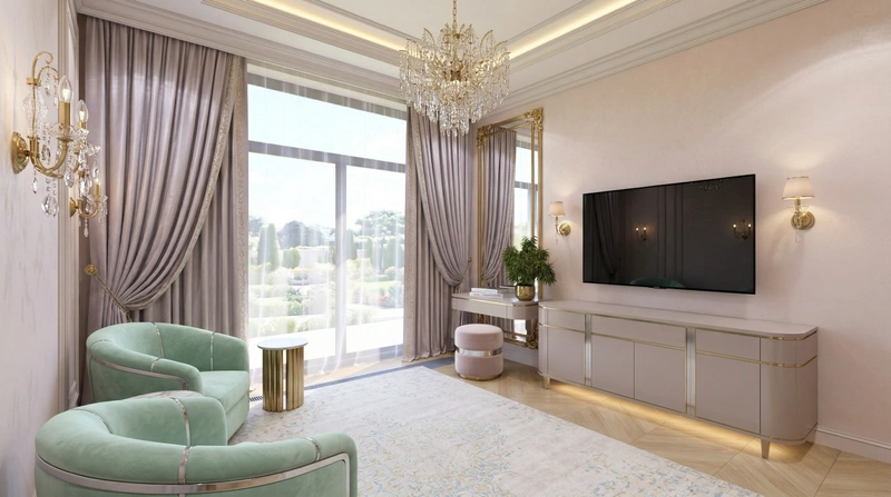 Дизайн гостиной в стиле Неоклассика — фото интерьера от нейросети RoomGPT