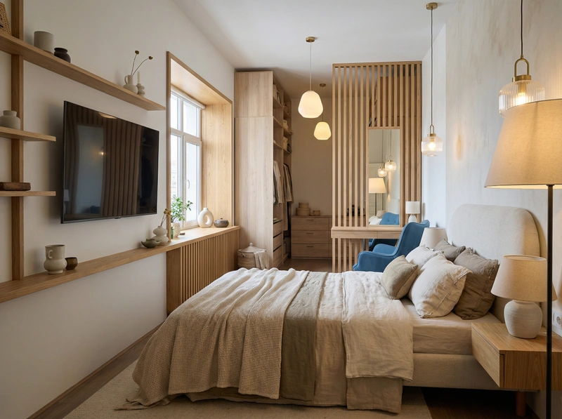 Дизайн спальни в стиле Japandi — фото интерьера от нейросети RoomGPT