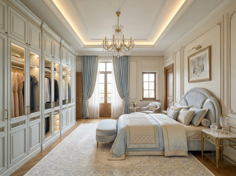 Дизайн спальни в стиле Неоклассика — фото интерьера от нейросети RoomGPT