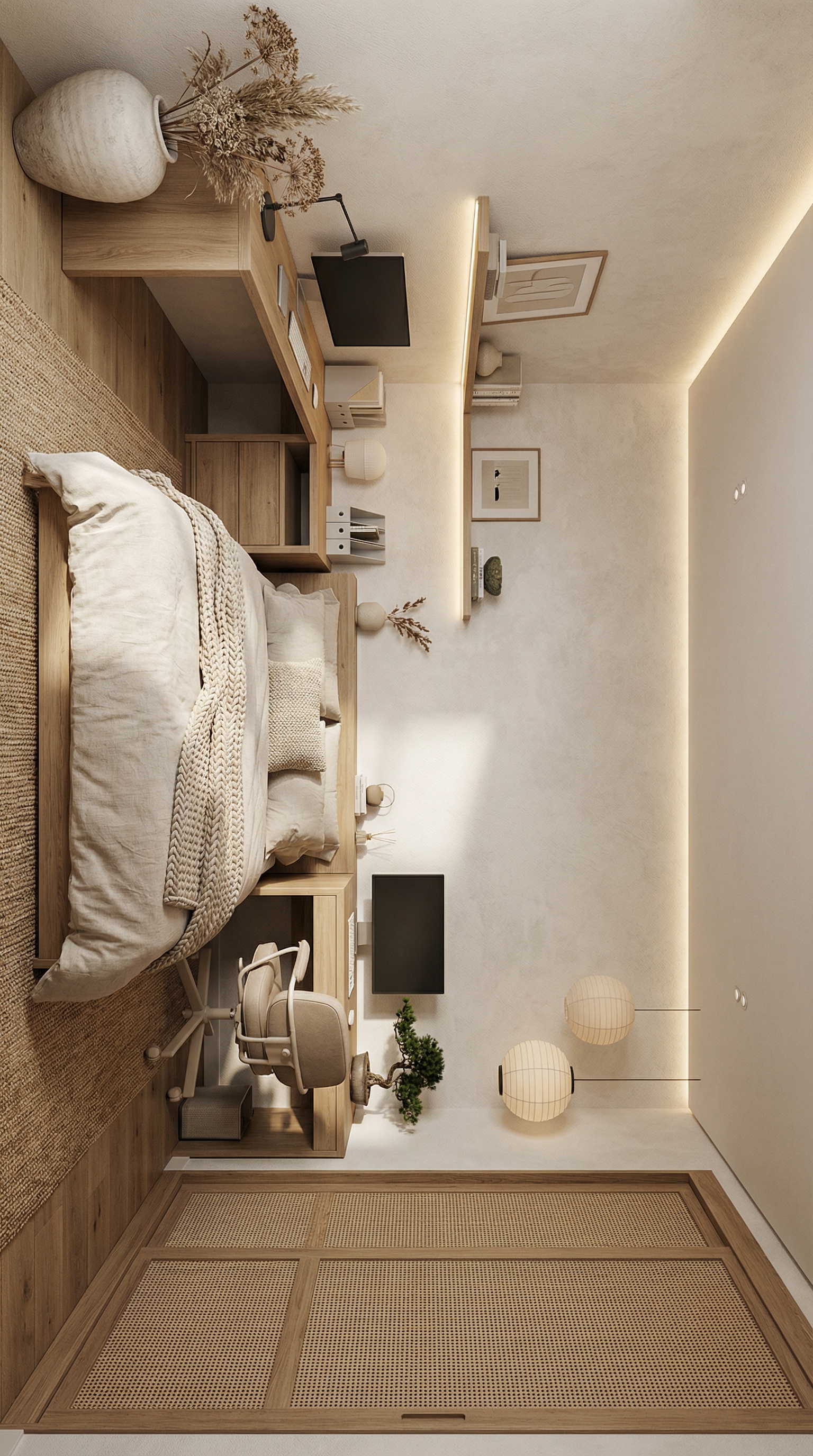 Дизайн спальни в стиле Japandi — фото интерьера от нейросети RoomGPT