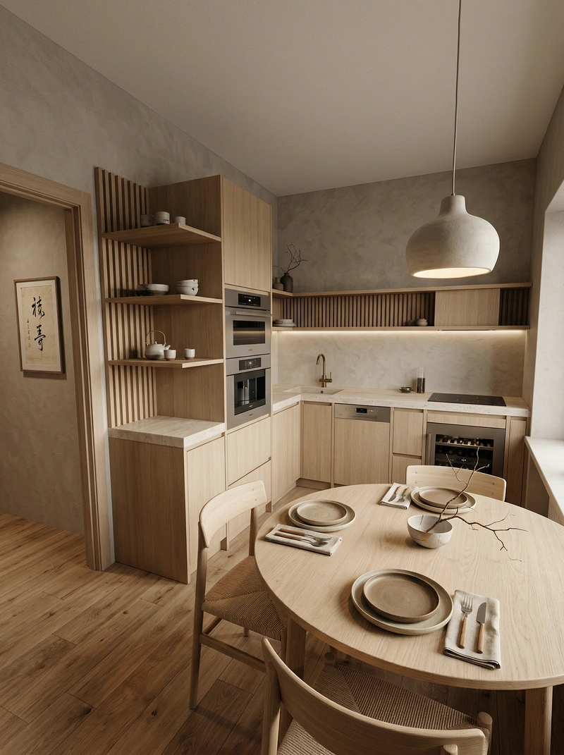 Дизайн кухни в стиле Japandi — фото интерьера от нейросети RoomGPT