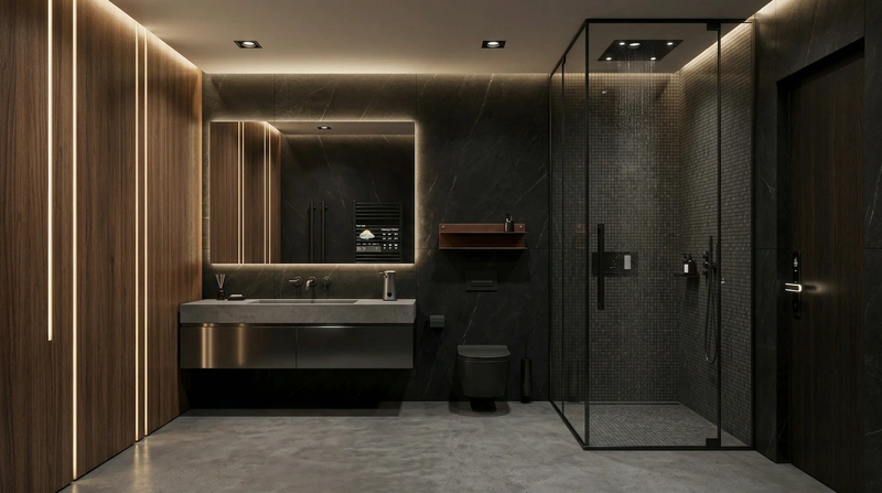Дизайн ванной в стиле Блэктэк — фото интерьера от нейросети RoomGPT