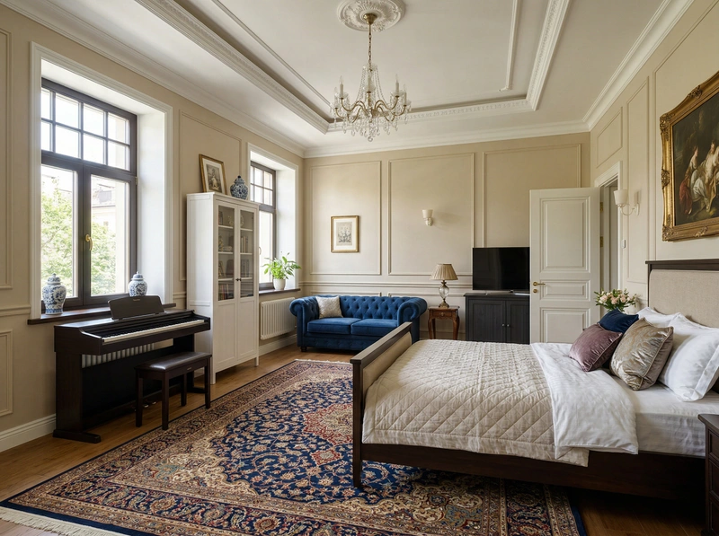 Дизайн спальни в стиле Классика — фото интерьера от нейросети RoomGPT