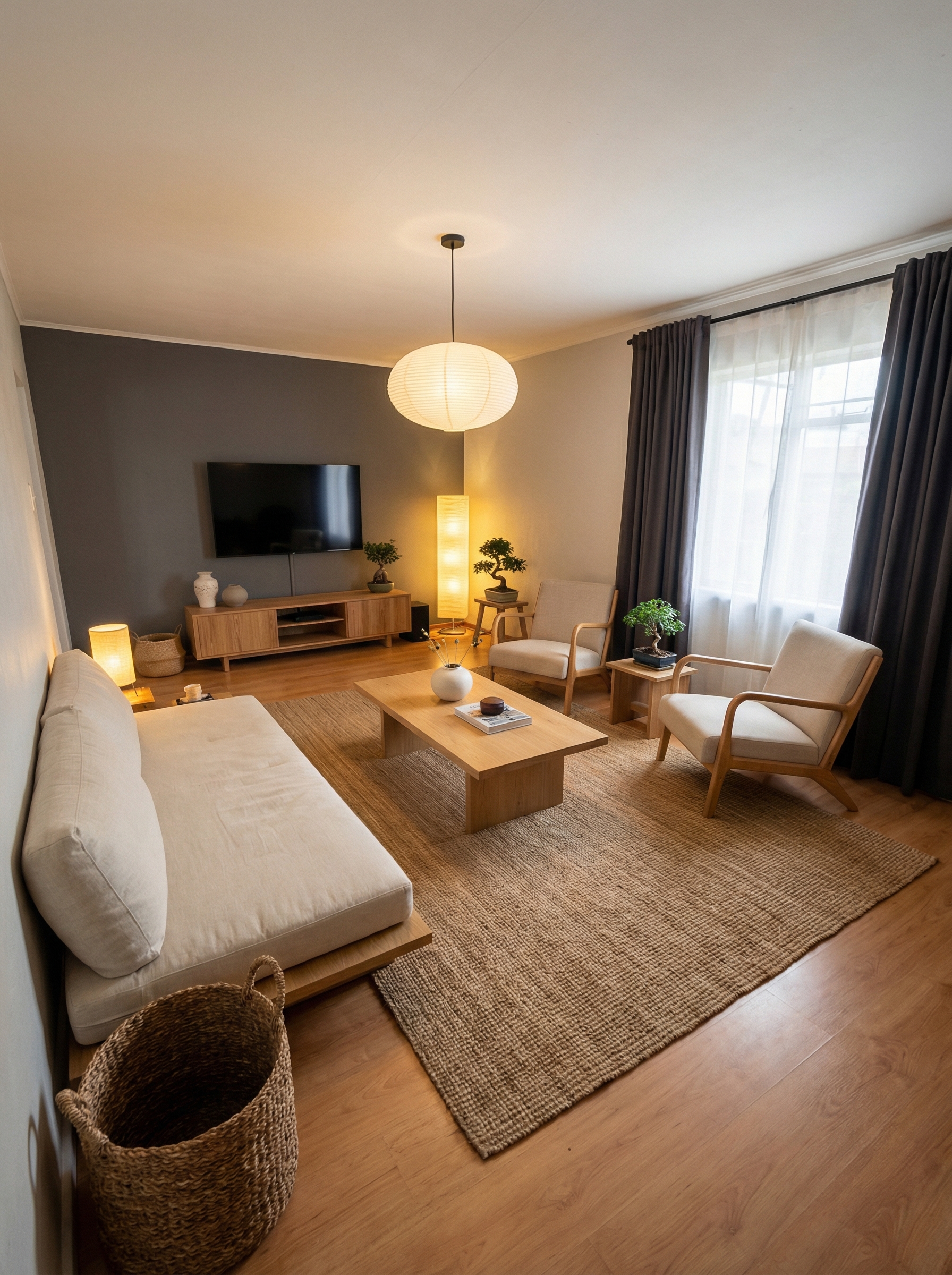 Дизайн гостиной в стиле Japandi — фото интерьера от нейросети RoomGPT