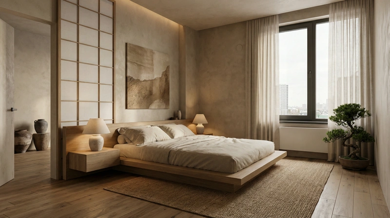 Дизайн спальни в стиле Japandi — фото интерьера от нейросети RoomGPT