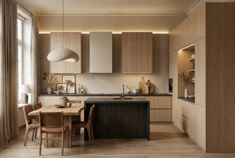 Дизайн кухни в стиле Japandi — фото интерьера от нейросети RoomGPT