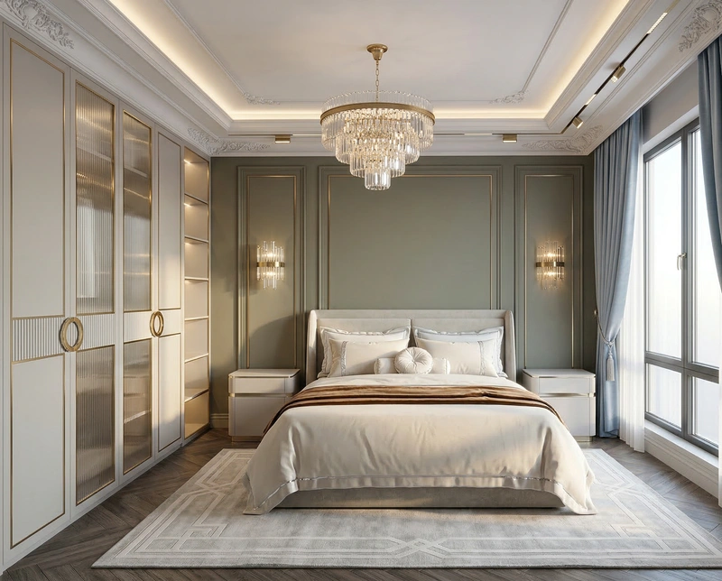 Дизайн спальни в стиле Неоклассика — фото интерьера от нейросети RoomGPT