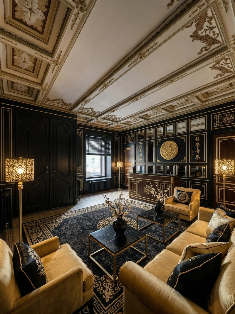 Дизайн гостиной в стиле Блэктэк — фото интерьера от нейросети RoomGPT