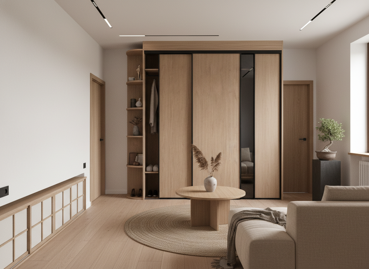 Дизайн гостиной в стиле Japandi — фото интерьера от нейросети RoomGPT