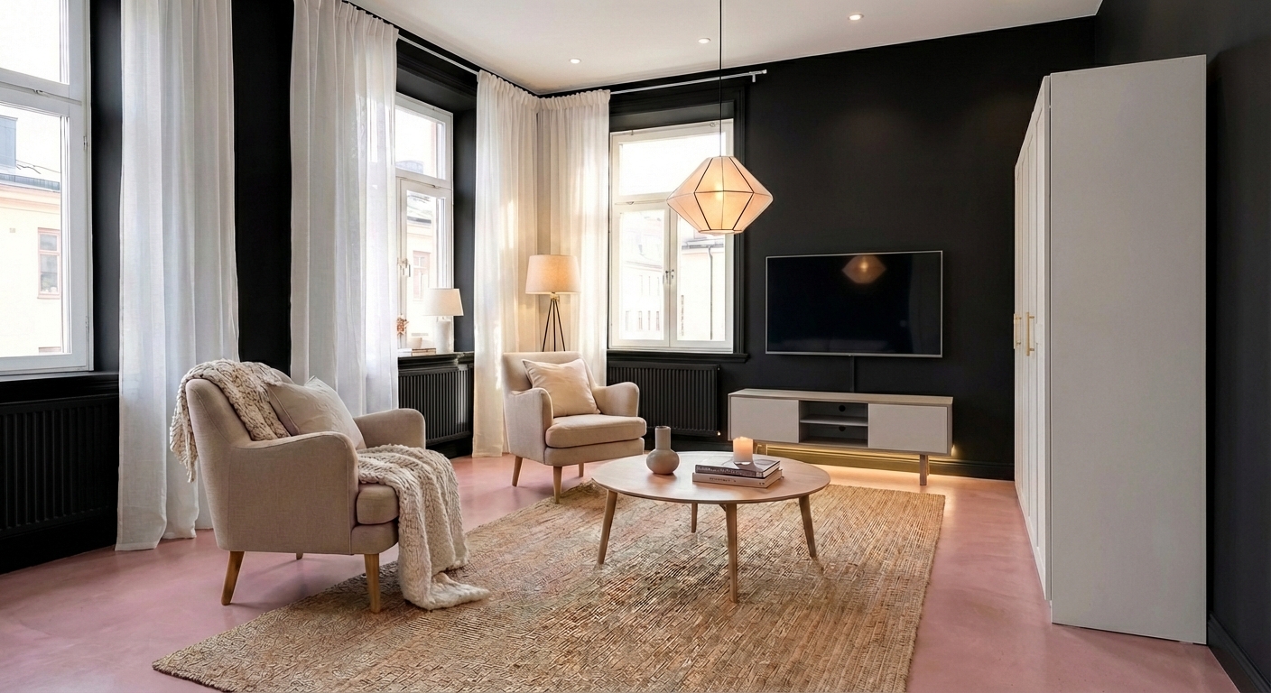 Дизайн гостиной в стиле Хюгге — фото интерьера от нейросети RoomGPT