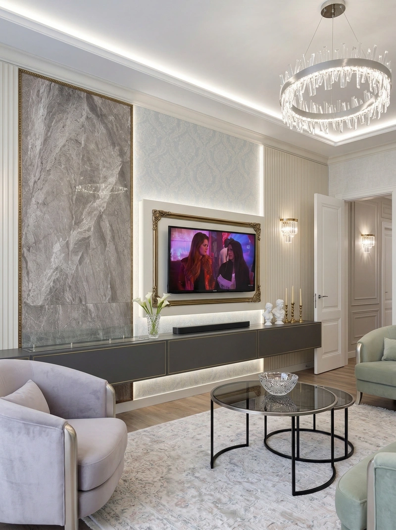 Дизайн гостиной в стиле Неоклассика — фото интерьера от нейросети RoomGPT