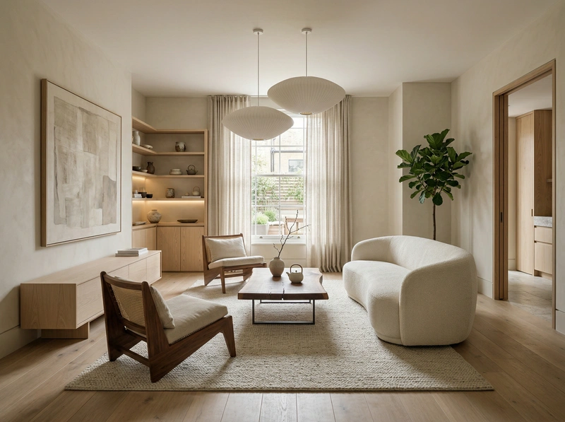 Дизайн гостиной в стиле Japandi — фото интерьера от нейросети RoomGPT