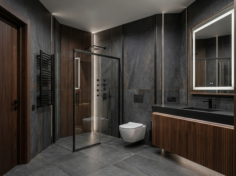 Дизайн ванной в стиле Блэктэк — фото интерьера от нейросети RoomGPT