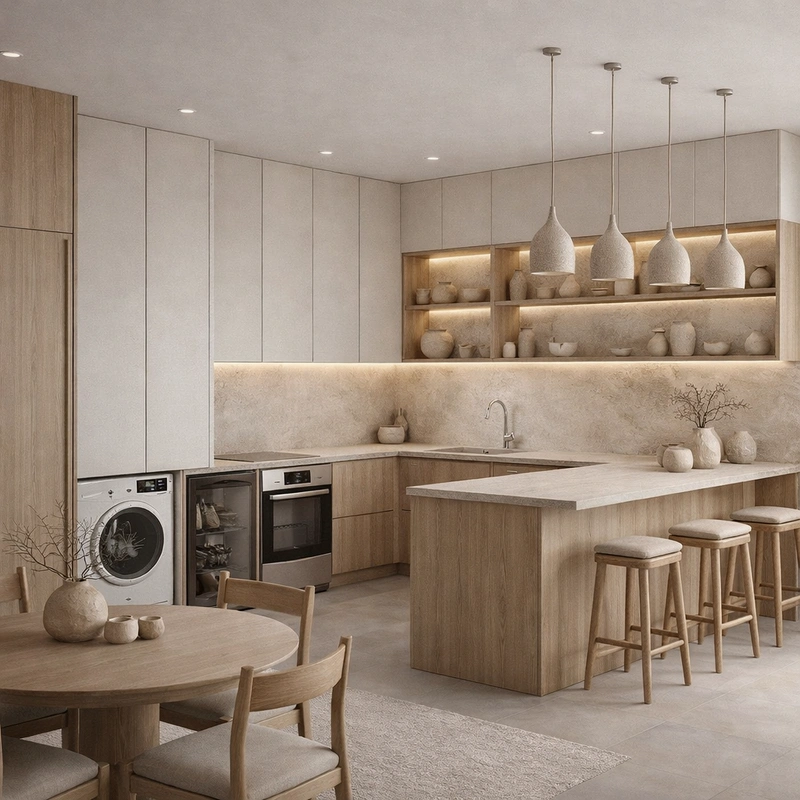 Дизайн кухни в стиле Japandi — фото интерьера от нейросети RoomGPT