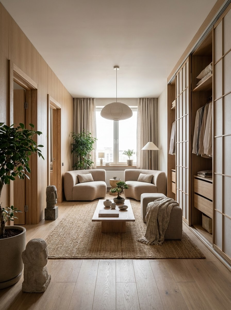 Дизайн гостиной в стиле Japandi — фото интерьера от нейросети RoomGPT