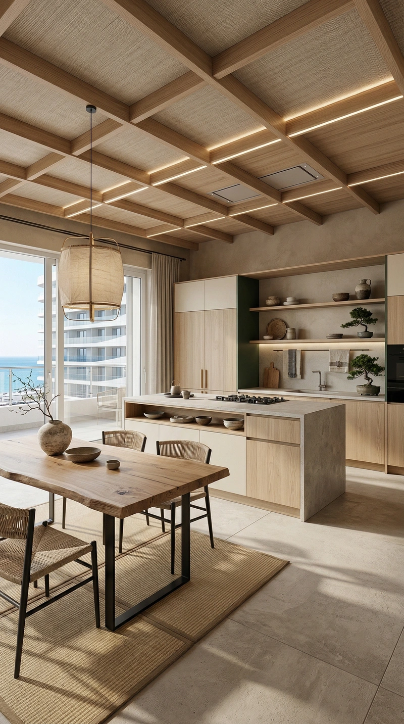 Дизайн кухни в стиле Japandi — фото интерьера от нейросети RoomGPT