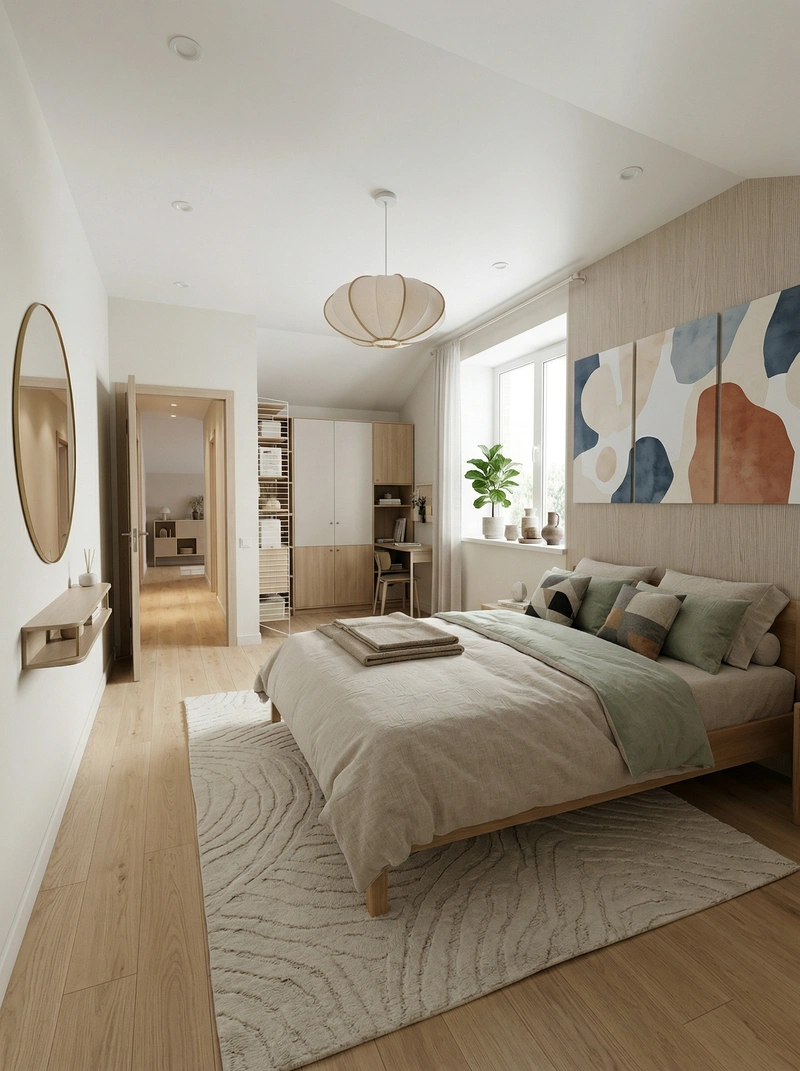 Дизайн спальни в стиле Сканди — фото интерьера от нейросети RoomGPT