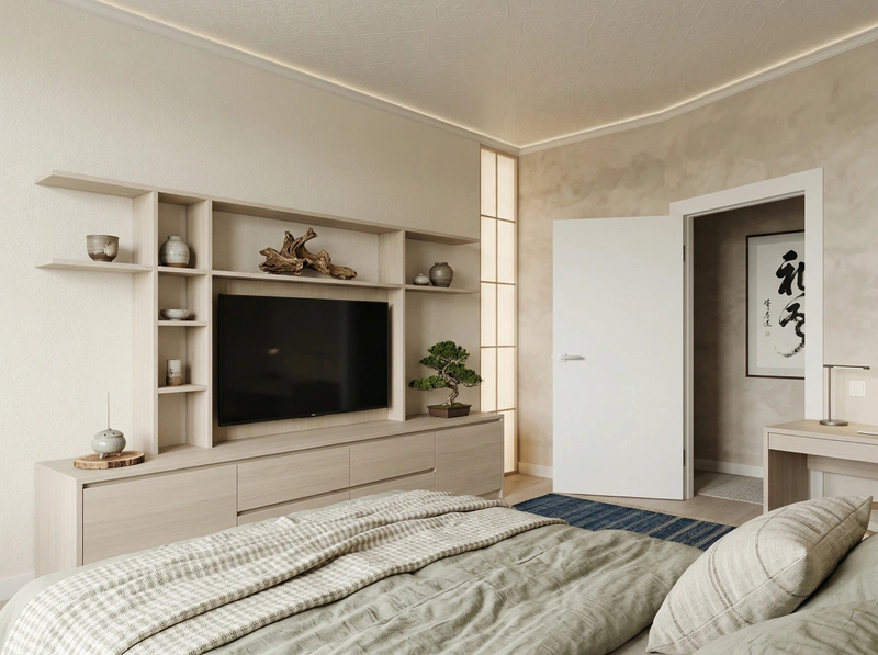 Дизайн спальни в стиле Japandi — фото интерьера от нейросети RoomGPT