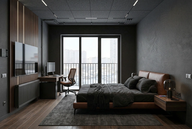 Дизайн спальни в стиле Блэктэк — фото интерьера от нейросети RoomGPT