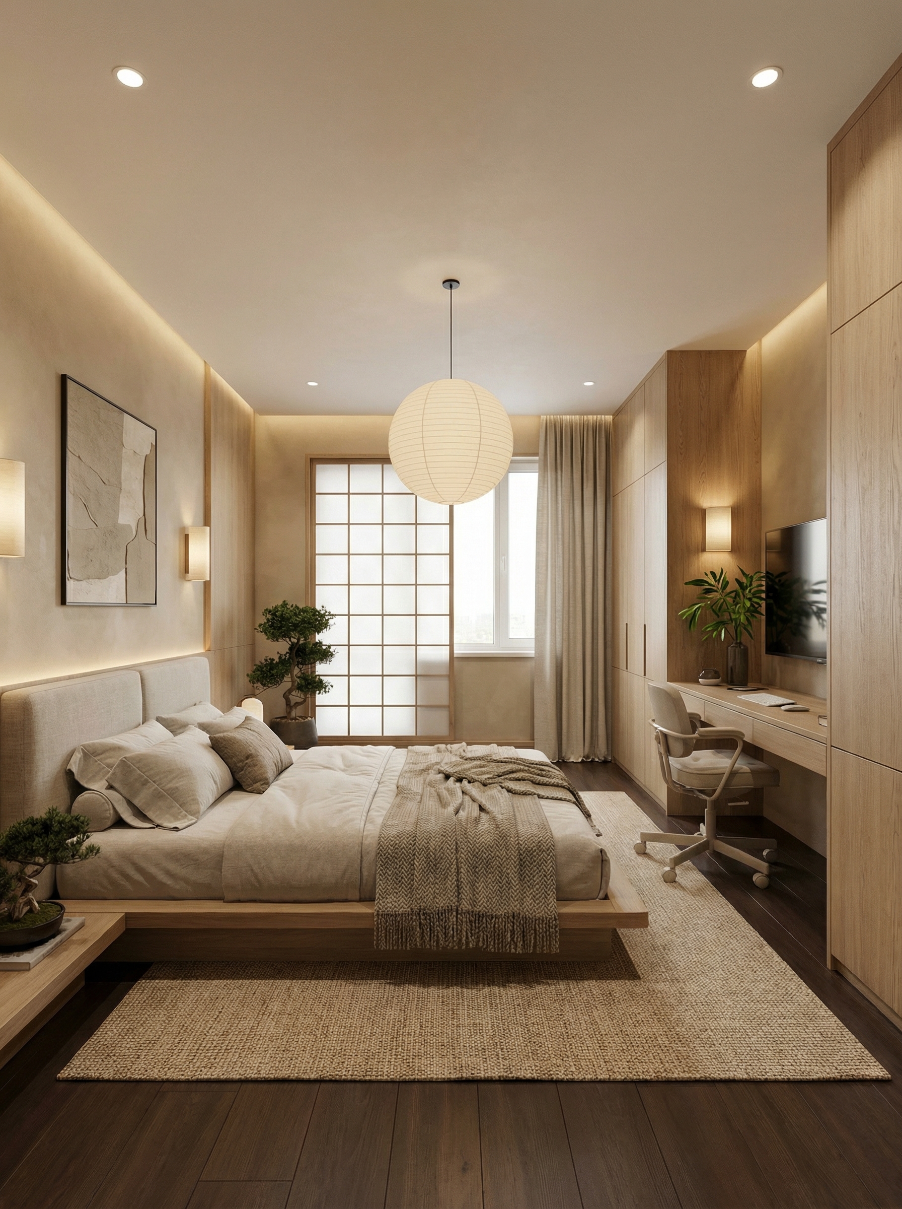 Дизайн спальни в стиле Japandi — фото интерьера от нейросети RoomGPT