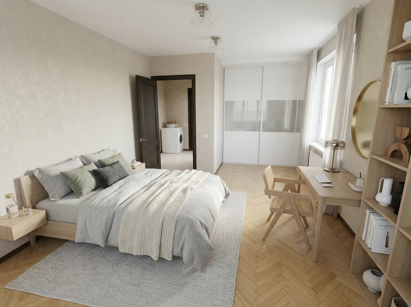 Дизайн спальни в стиле Сканди — фото интерьера от нейросети RoomGPT