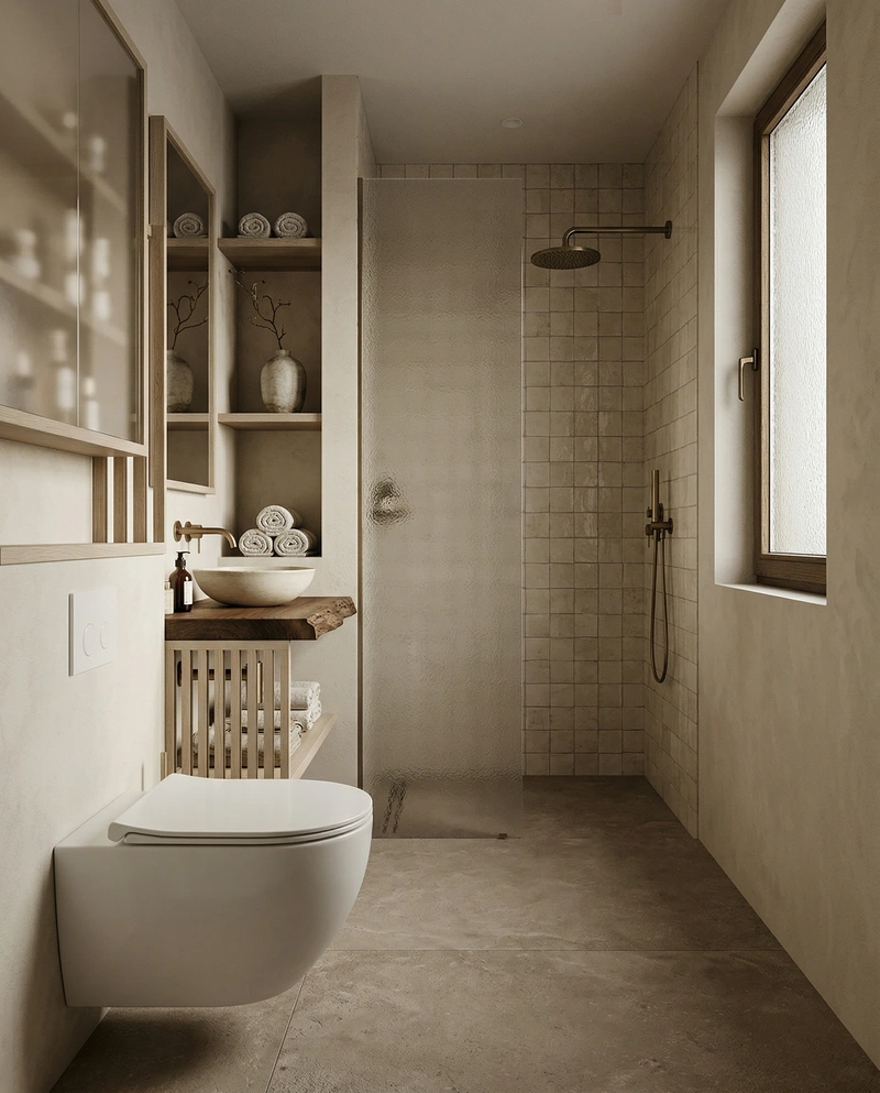 Дизайн ванной в стиле Japandi — фото интерьера от нейросети RoomGPT