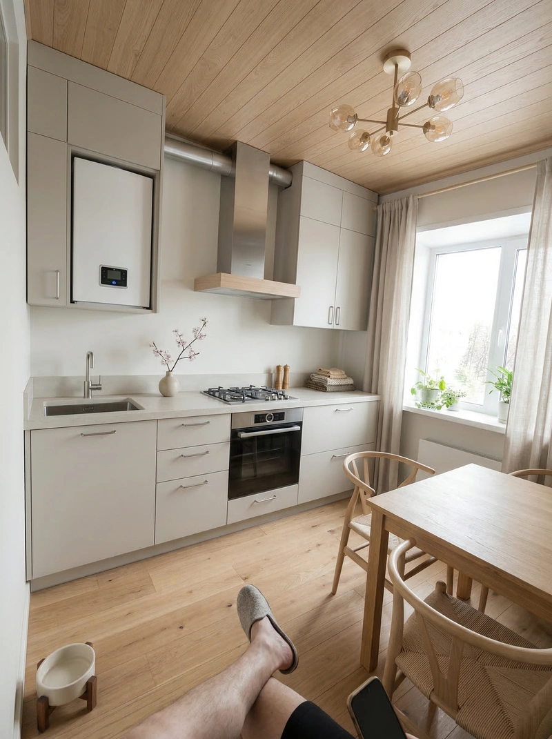 Дизайн кухни в стиле Сканди — фото интерьера от нейросети RoomGPT