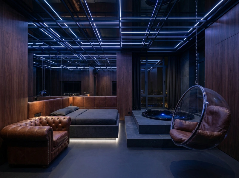 Дизайн спальни в стиле Блэктэк — фото интерьера от нейросети RoomGPT