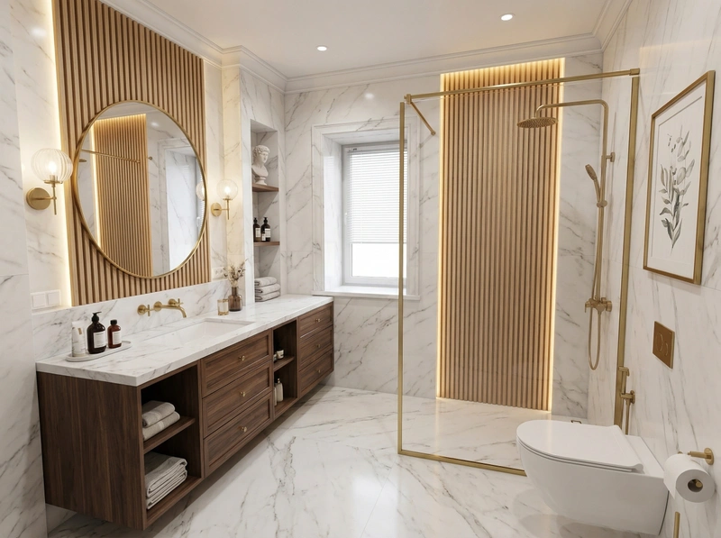 Дизайн ванной в стиле Неоклассика — фото интерьера от нейросети RoomGPT